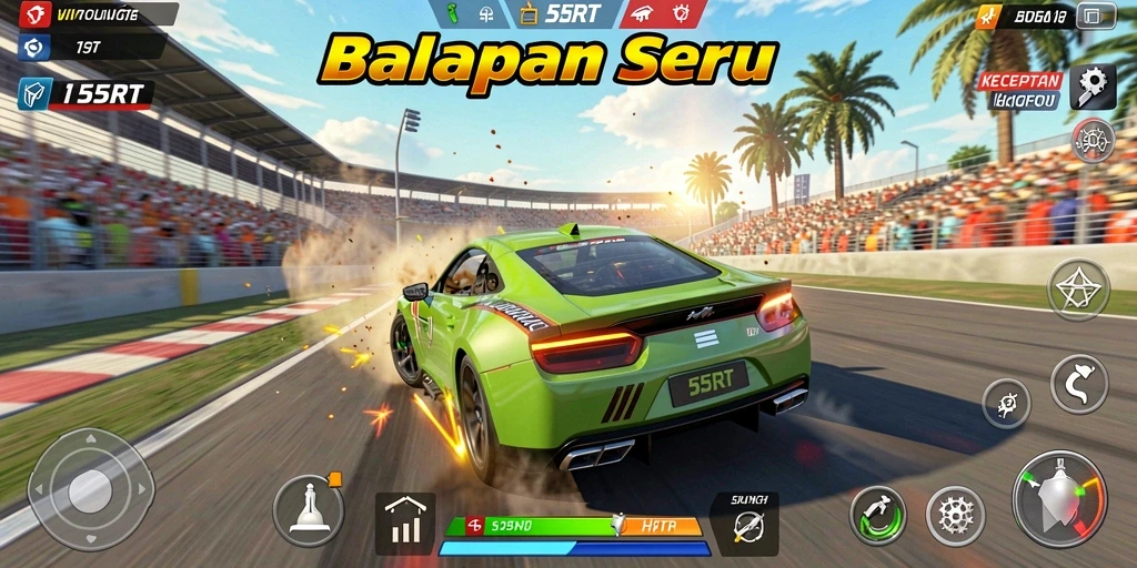 Screenshot utama 55RT menampilkan aksi balapan yang intens dan grafik menarik.