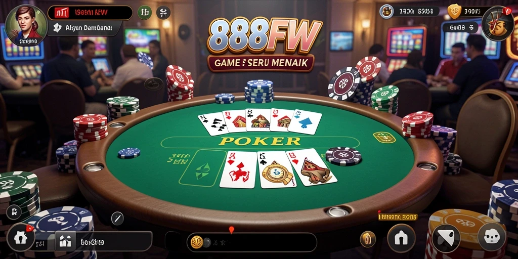 Screenshot utama 888FW menampilkan gameplay Poker yang intens dan menarik.