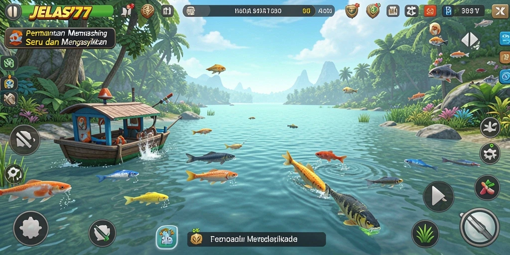 Screenshot gameplay JELAS777 menampilkan aksi seru memancing di danau indah.