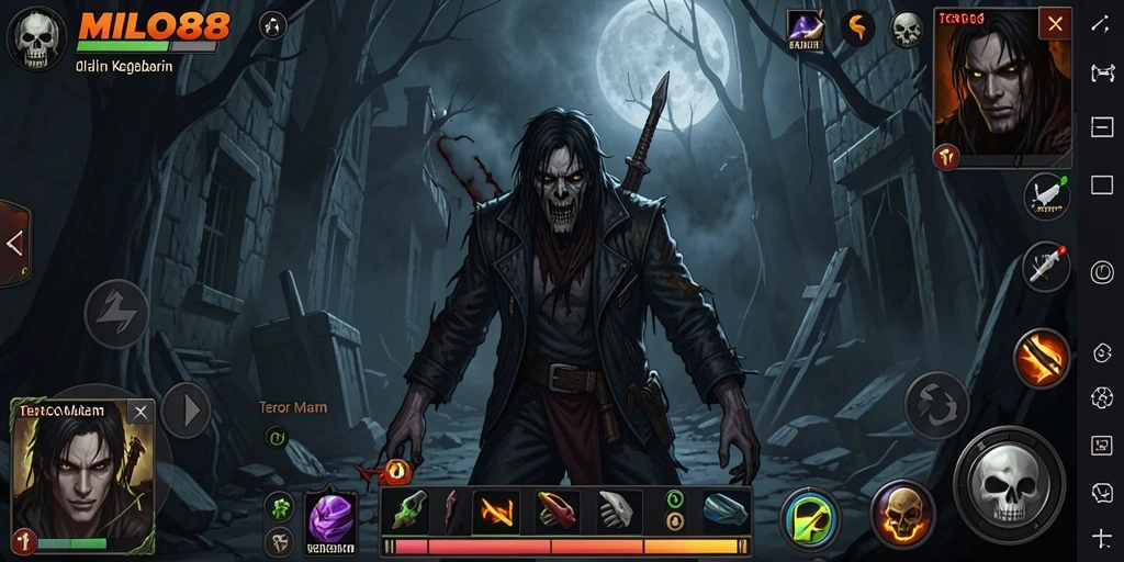 Screenshot gameplay <strong>MILO88</strong> menampilkan situasi mencekam di dalam rumah angker.