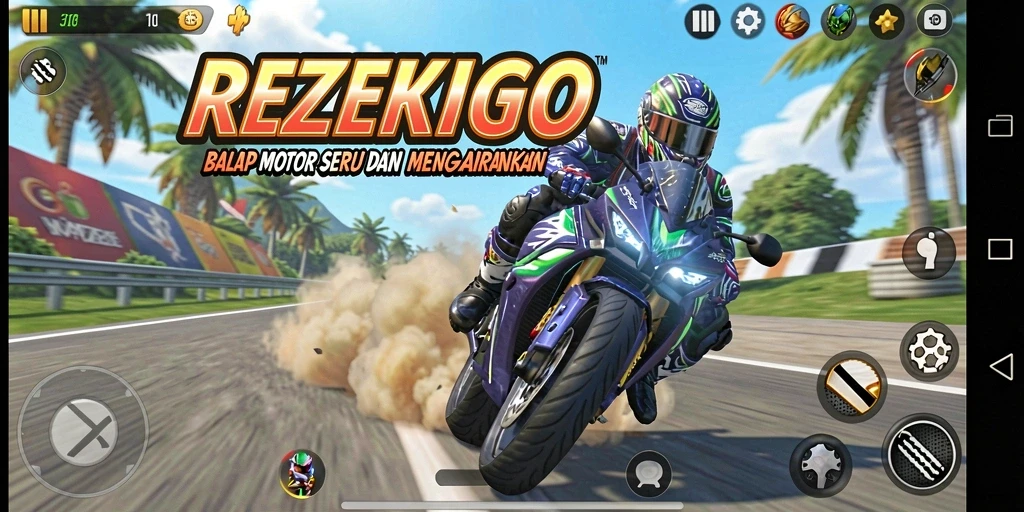 Gameplay mendebarkan di REZEKIGO dengan balapan motor yang seru.