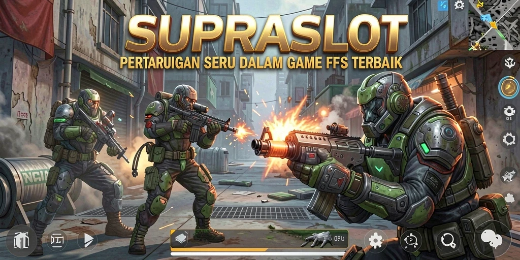 Screenshot ikonik dari gameplay intensif dalam game FPS SUPRASLOT.